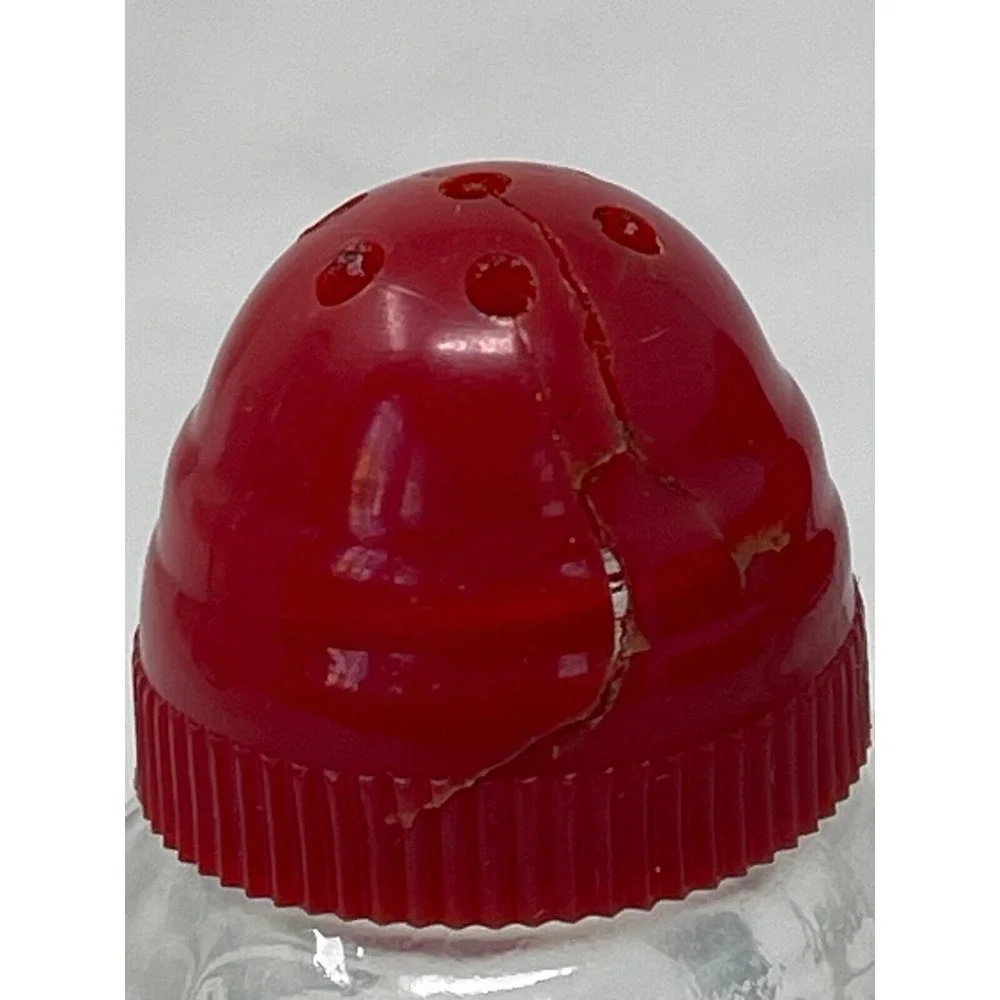 Vintage 30s-50s Hourglass Shaped‎ Cut Glass Plastic Top Red Salt Pepper Shakers